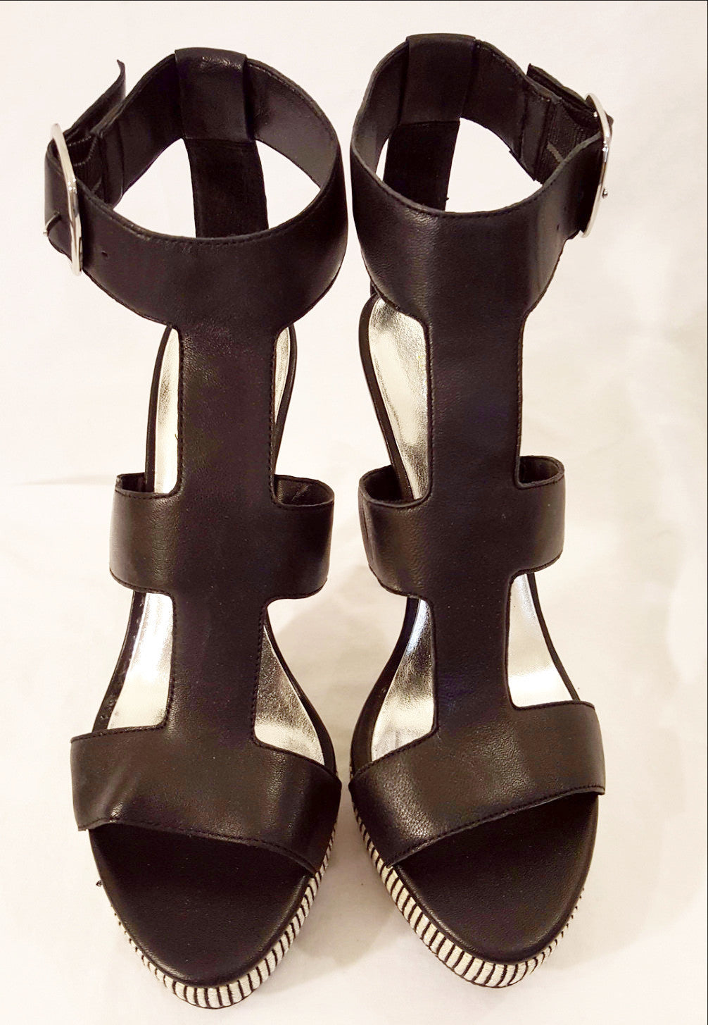 INC Black Leather Heel with Striped Platform-New