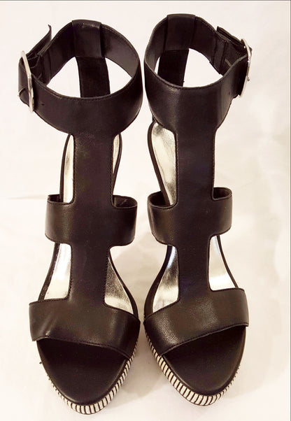 INC Black Leather Heel with Striped Platform-New